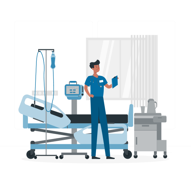 Ilustração de um quarto hospitalar com equipamentos médicos